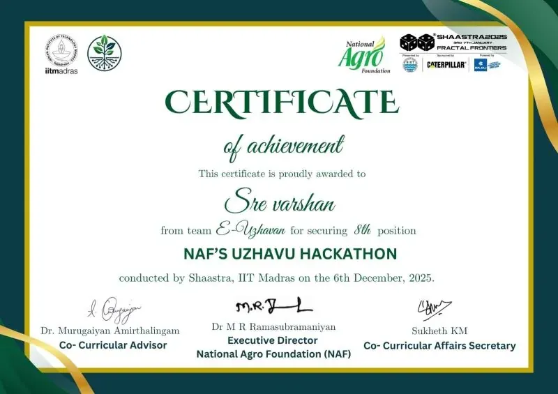 8th Place · NAF's Uzhavu Hackathon certificate