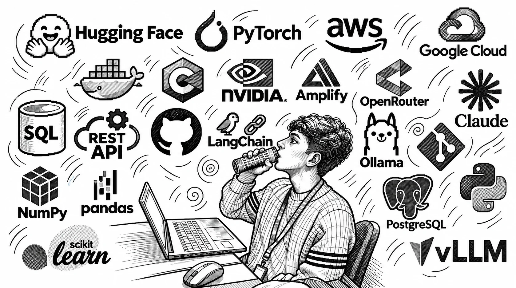 Sketch of Sre Varshan at a laptop surrounded by his tools: Hugging Face, PyTorch, AWS, Google Cloud, Docker, C, NVIDIA, Amplify, OpenRouter, Claude, SQL, REST API, GitHub, LangChain, Ollama, Git, NumPy, pandas, PostgreSQL, Python, scikit-learn and vLLM
